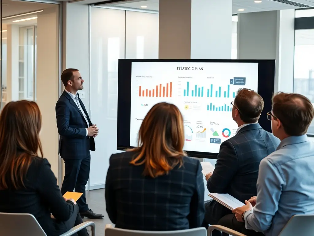A consultant presenting a strategic plan on a whiteboard, with arrows and growth charts illustrating the path to success.