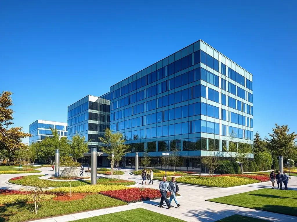 A professional image depicting a modern office building with a focus on technology and innovation, representing the technology sector.