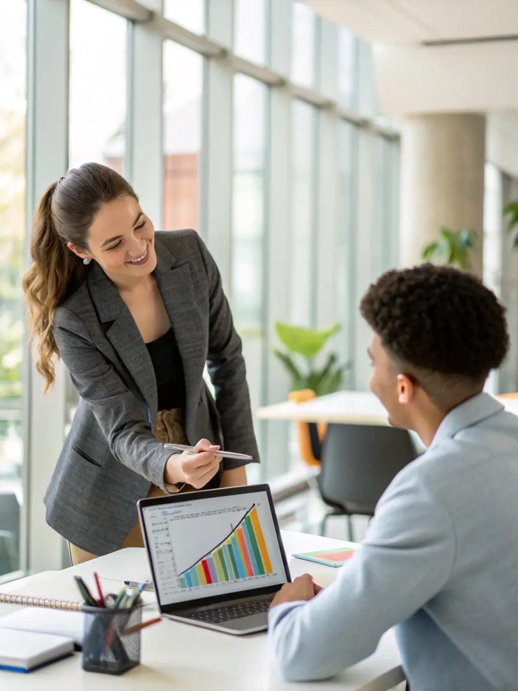 A consultant is presenting a data-driven report to a client, showcasing insights and recommendations for business improvement.